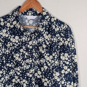 LC Lauren Conrad Women XS Navy Blue Floral Cotton Button Down Blouse 100% Cotton